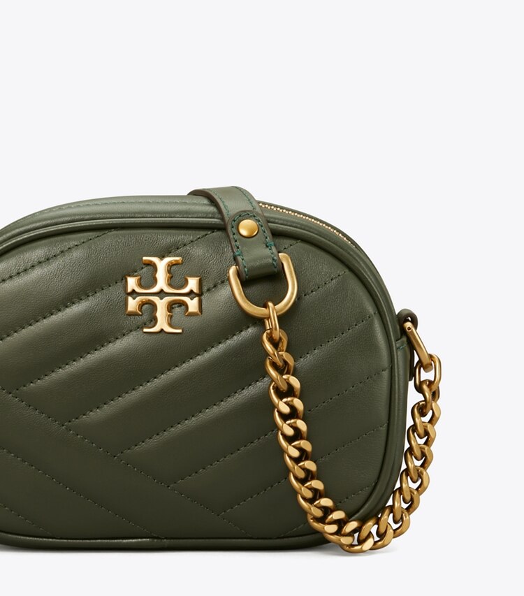 Tory Burch designer crossbody bags Kira Chevron Small Camera Bag in SYCAMORE / Rolled Gold detail
