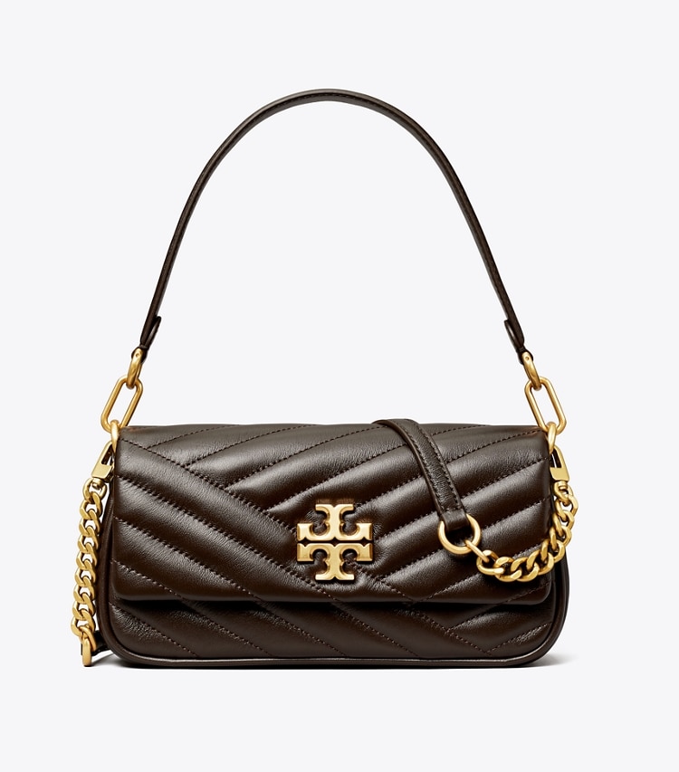 Tory Burch designer shoulder bags Kira Chevron Small Flap Shoulder Bag in Chocolate Liquor / Rolled Gold front