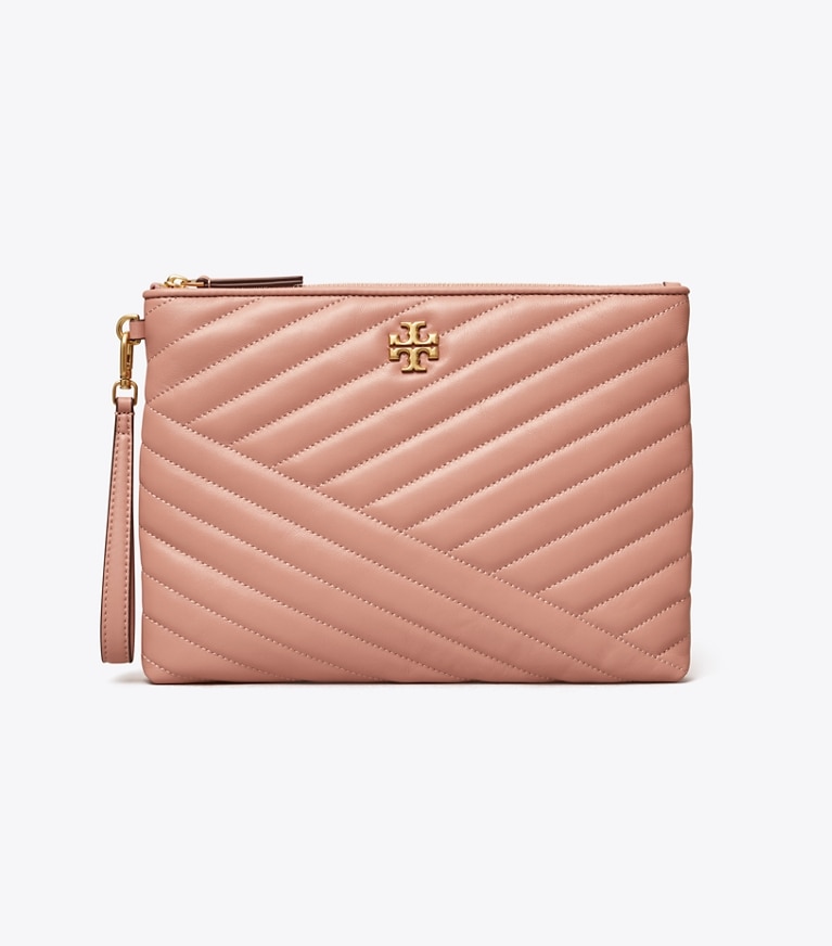 Tory Burch designer Kira Chevron Small Pouch in MEADOW SWEET / Rolled Gold front