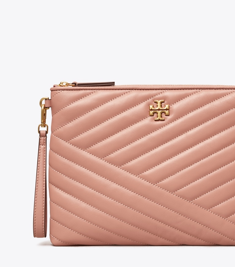 Tory Burch designer Kira Chevron Small Pouch in MEADOW SWEET / Rolled Gold front