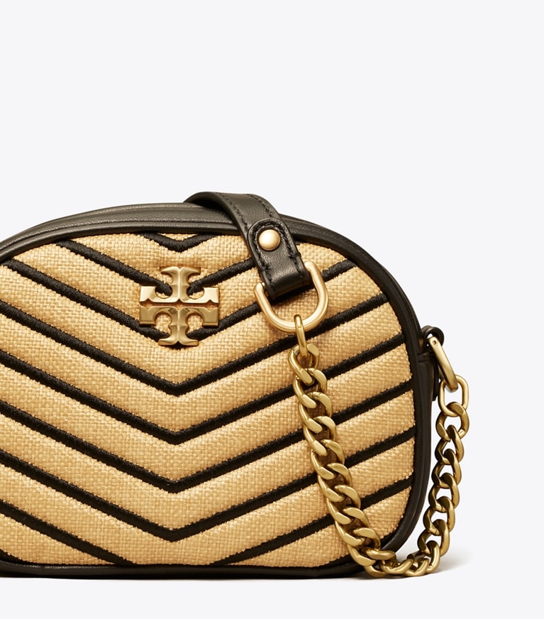 Tory Burch designer crossbody bags Kira Chevron Soft Straw Small Camera Bag in Natural / Black angle