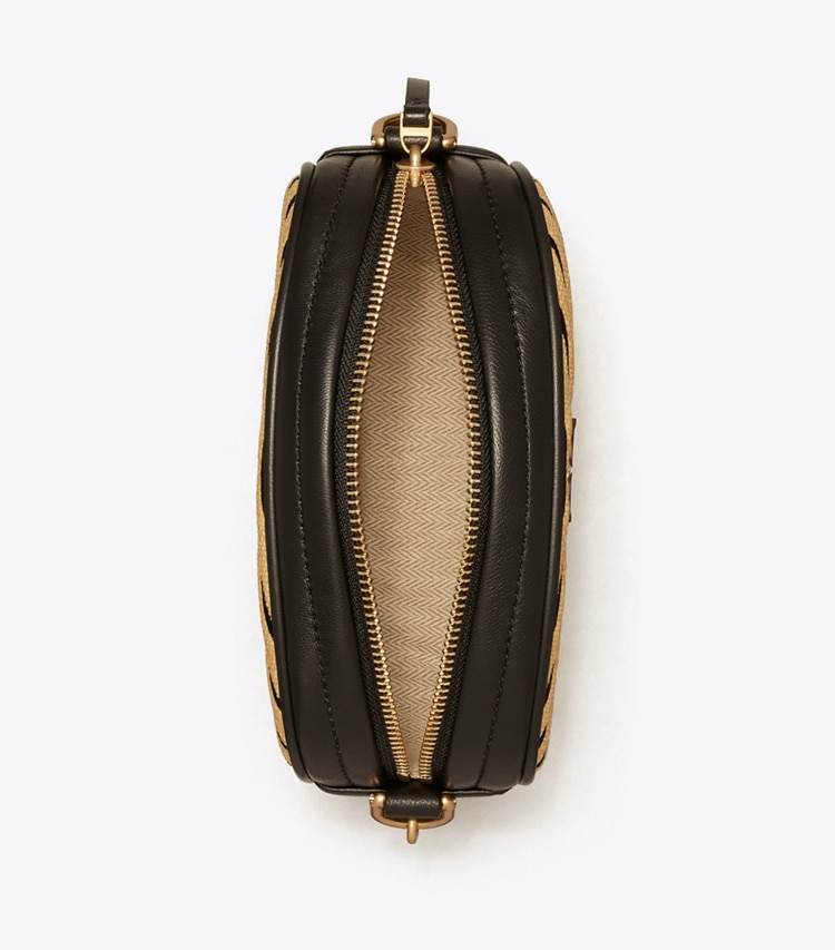 Tory Burch designer crossbody bags Kira Chevron Soft Straw Small Camera Bag in Natural / Black overhead