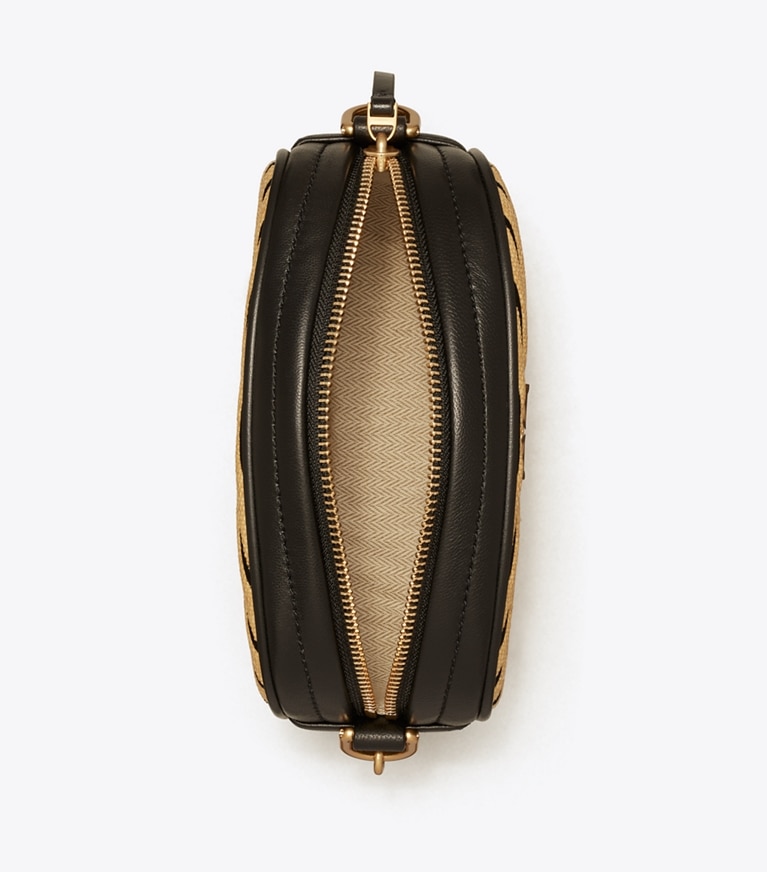 Tory Burch designer crossbody bags Kira Chevron Soft Straw Small Camera Bag in Natural / Black angle
