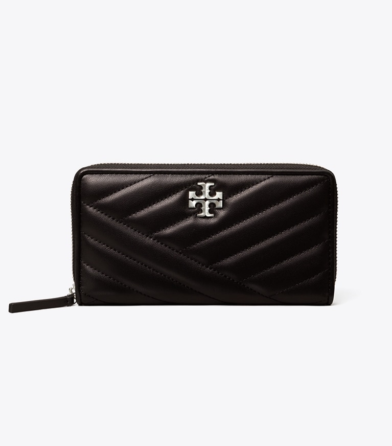 Tory Burch designer wallets Kira Chevron Zip Continental Wallet in Black / Rolled Nickel front
