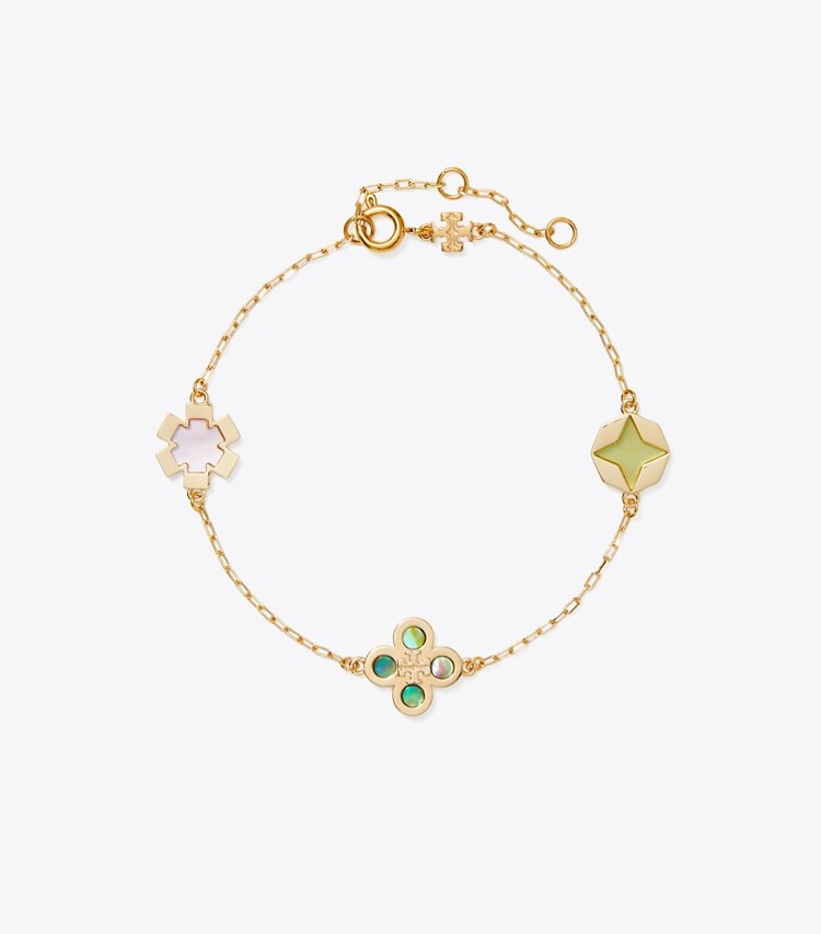 Tory Burch designer bracelets Kira Clover Bracelet in Tory Gold / Green / Pink front