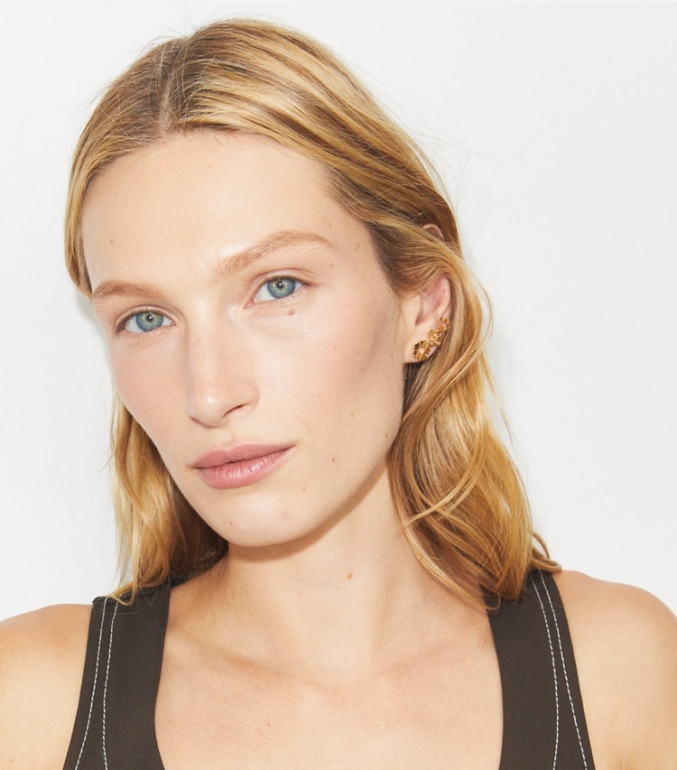 Tory Burch designer earrings Kira Clover Cluster Earring in Tory Gold accessory on model