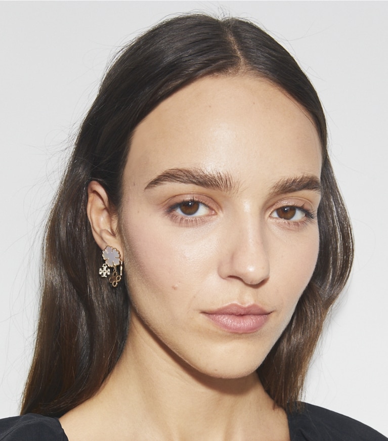 Tory Burch designer earrings Kira Clover Cluster Earrings in Tory Gold / Mother of Pearl front