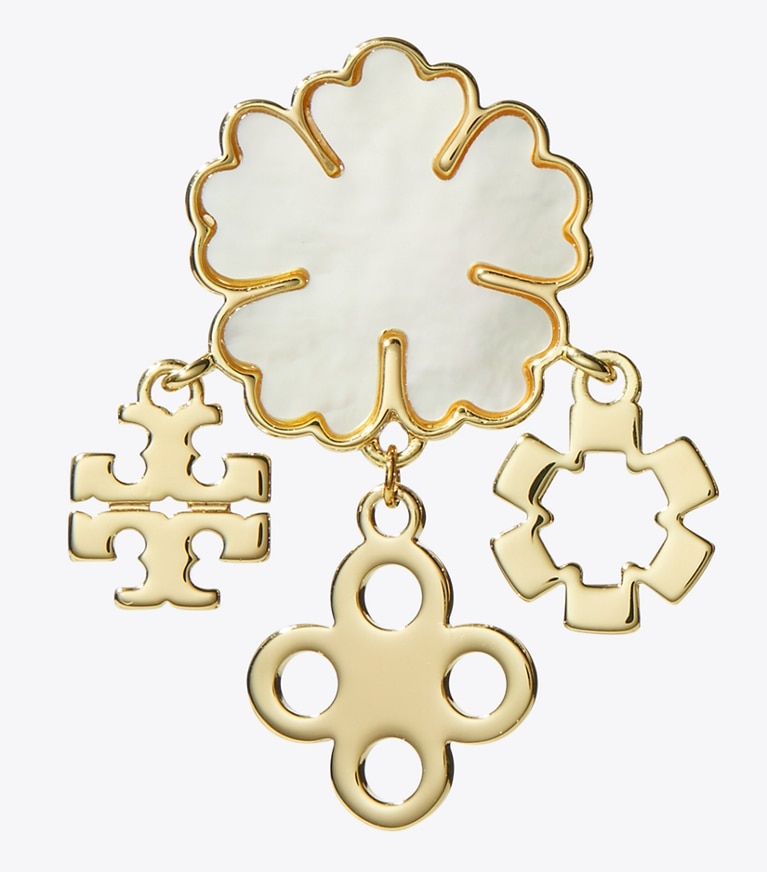 Tory Burch designer earrings Kira Clover Cluster Earrings in Tory Gold / Mother of Pearl front