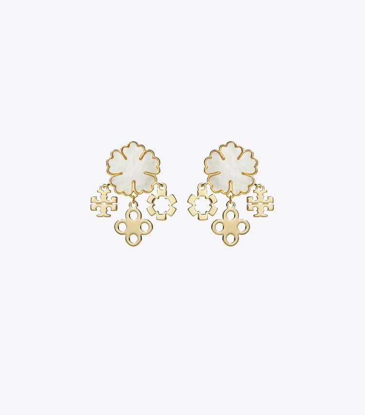 Tory Burch designer earrings Kira Clover Cluster Earrings in Tory Gold / Mother of Pearl front