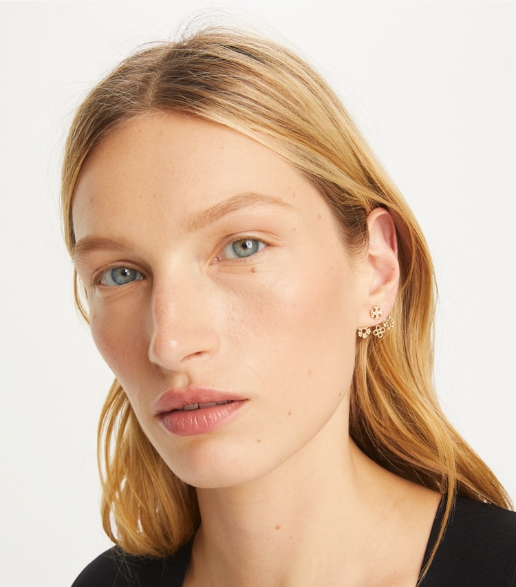 Tory Burch designer earrings Kira Clover Front-Back Earring in Tory Gold accessory on model