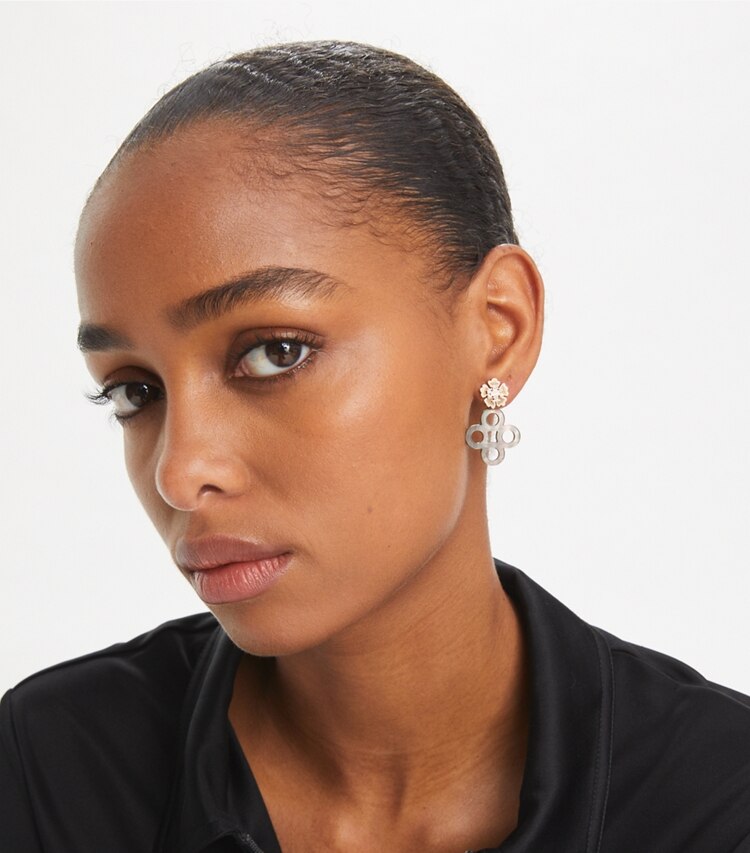Tory Burch designer earrings Kira Clover Front-Back Earring in Tory Gold / Brown accessory on model