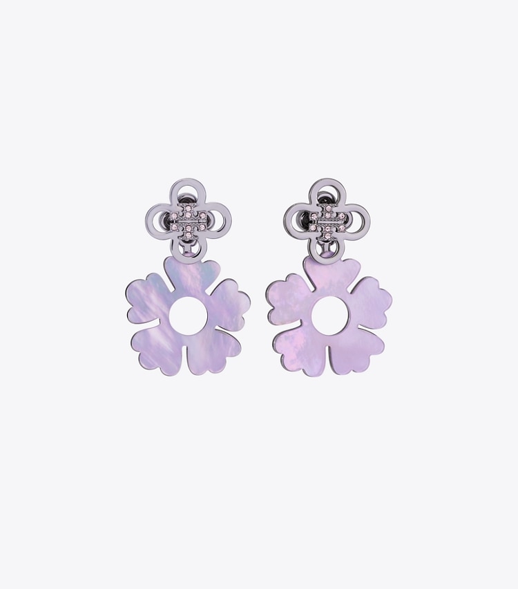 Tory Burch designer earrings Kira Clover Front-Back Earring in Hematite / Light Pink front