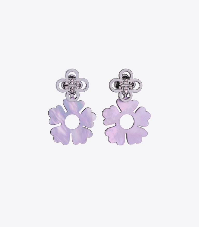 Tory Burch designer earrings Kira Clover Front-Back Earring in Hematite / Light Pink front