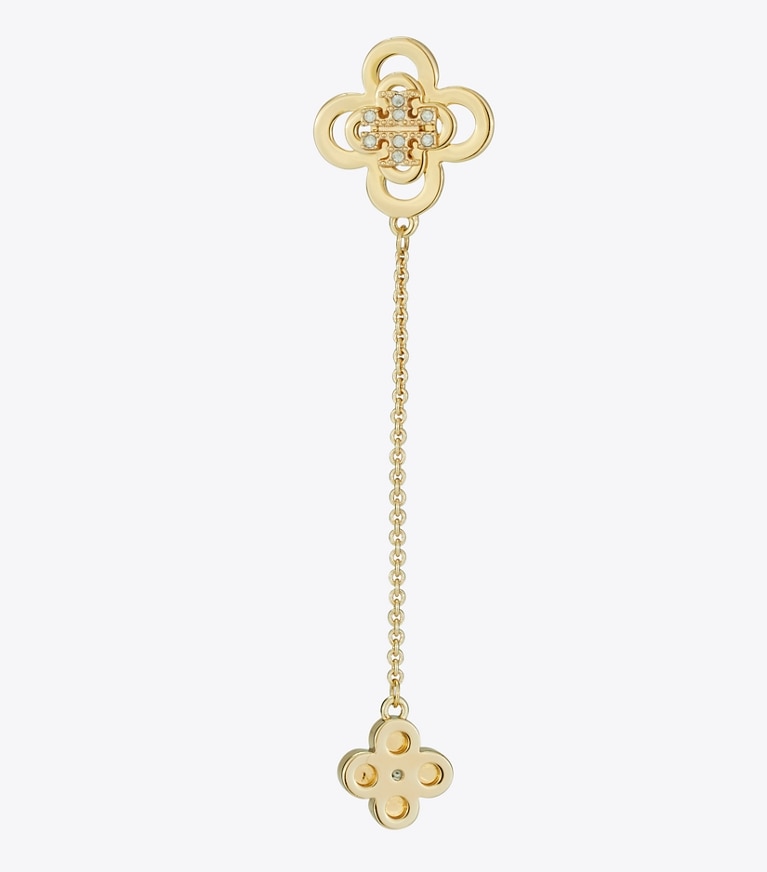 Tory Burch designer earrings Kira Clover Front-Back Stud Earring in Tory Gold / Crystal front