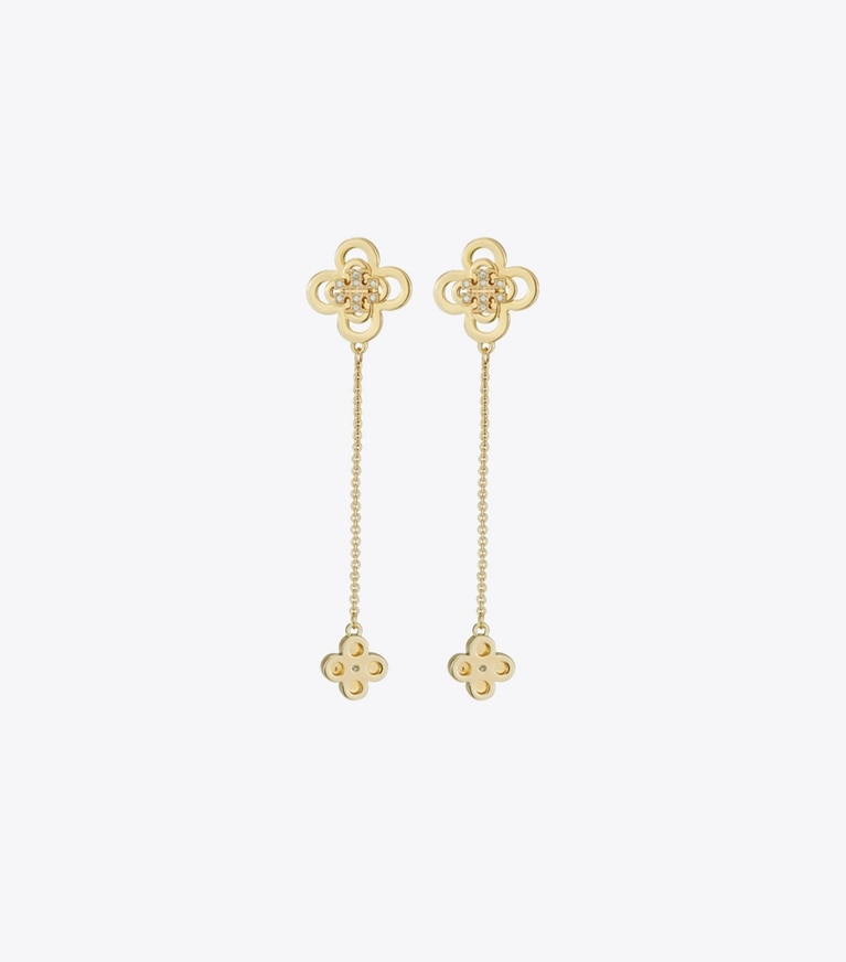 Tory Burch designer earrings Kira Clover Front-Back Stud Earring in Tory Gold / Crystal front
