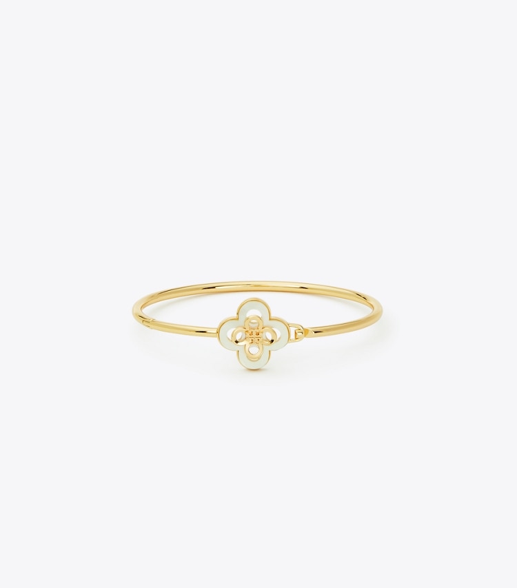 Tory Burch designer bracelets Kira Clover Hinge Bracelet in Tory Gold / Mother of Pearl front