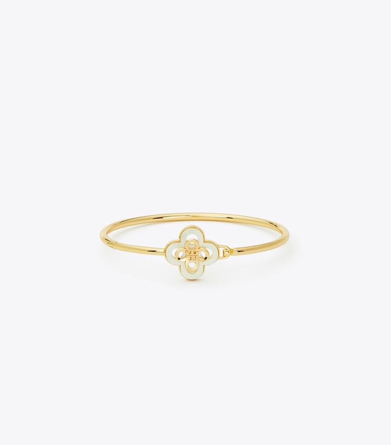 Tory Burch designer bracelets Kira Clover Hinge Bracelet in Tory Gold / Mother of Pearl front