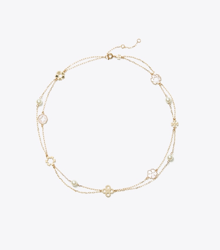Tory Burch designer necklaces Kira Clover Layered Necklace in Tory Gold / Pink / Ivory front