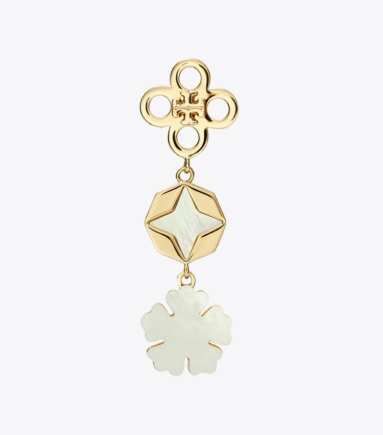 Tory Burch designer earrings Kira Clover Linear Earring in Tory Gold / Mother of Pearl detail