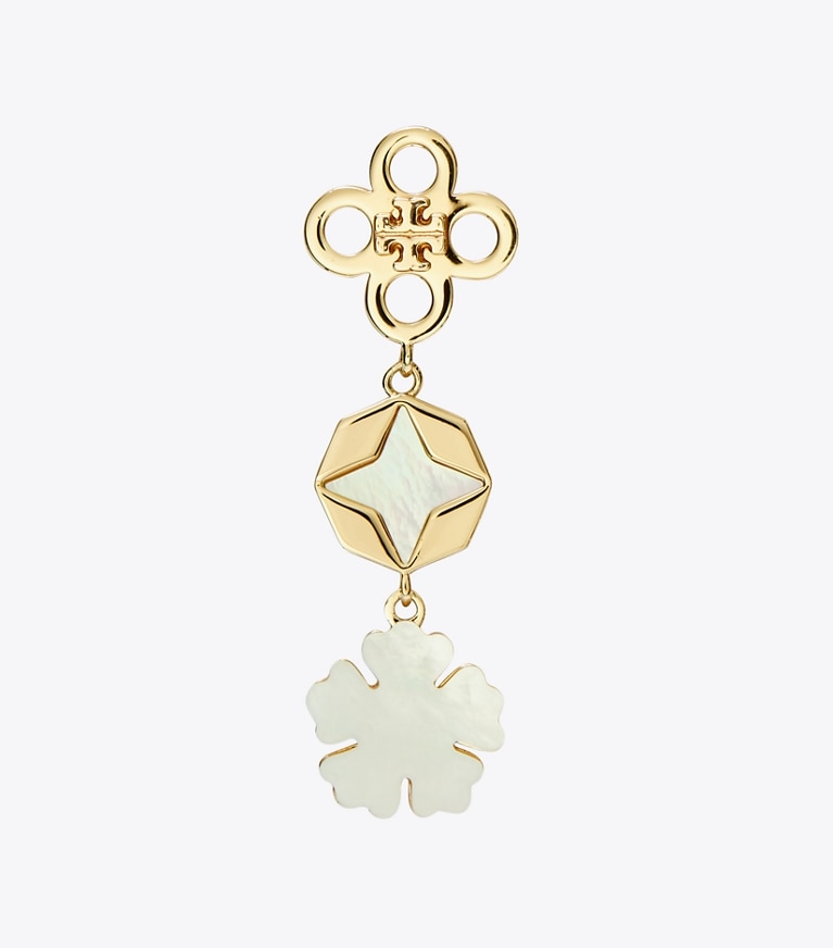 Tory Burch designer earrings Kira Clover Linear Earring in Tory Gold / Mother of Pearl front