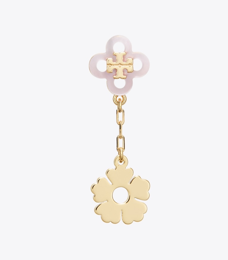 Tory Burch designer earrings Kira Clover Linear Earring in Tory Gold / Pink front