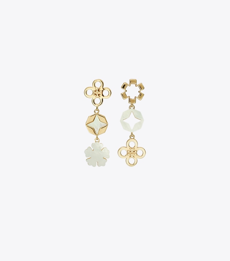 Tory Burch designer earrings Kira Clover Linear Earring in Tory Gold / Mother of Pearl front