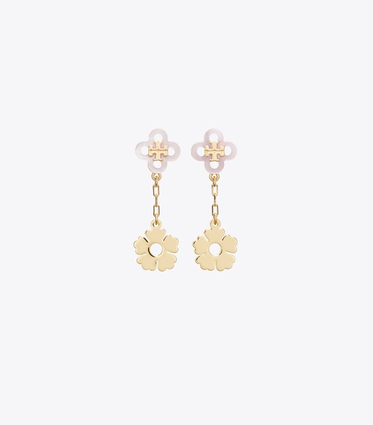 Tory Burch designer earrings Kira Clover Linear Earring in Tory Gold / Pink front