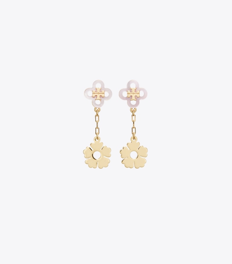 Tory Burch designer earrings Kira Clover Linear Earring in Tory Gold / Pink front
