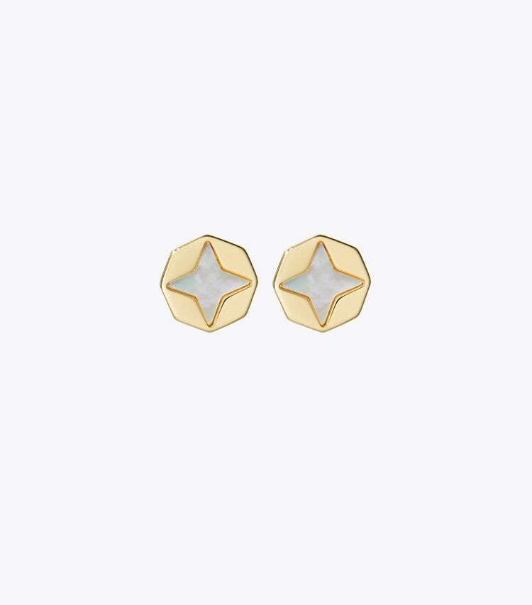 Tory Burch designer earrings Kira Clover Mother-Of-Pearl Stud Earrings in Tory Gold / Mother of Pearl front