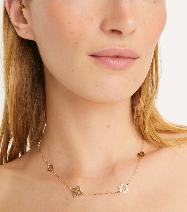 Tory Burch designer necklaces Kira Clover Necklace in Tory Gold accessory on model