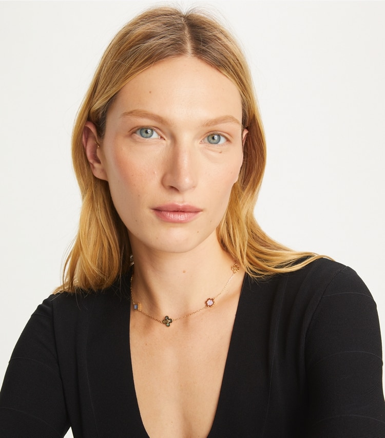 Tory Burch designer necklaces Kira Clover Necklace in Tory Gold / Multi accessory on model