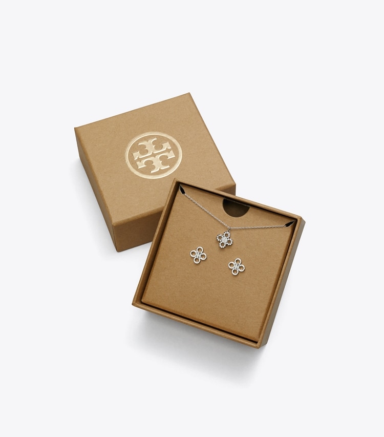 Tory Burch designer jewelry boxes Kira Clover Pavé Pendant and Stud Gift Set in Tory Silver / Crystal additional