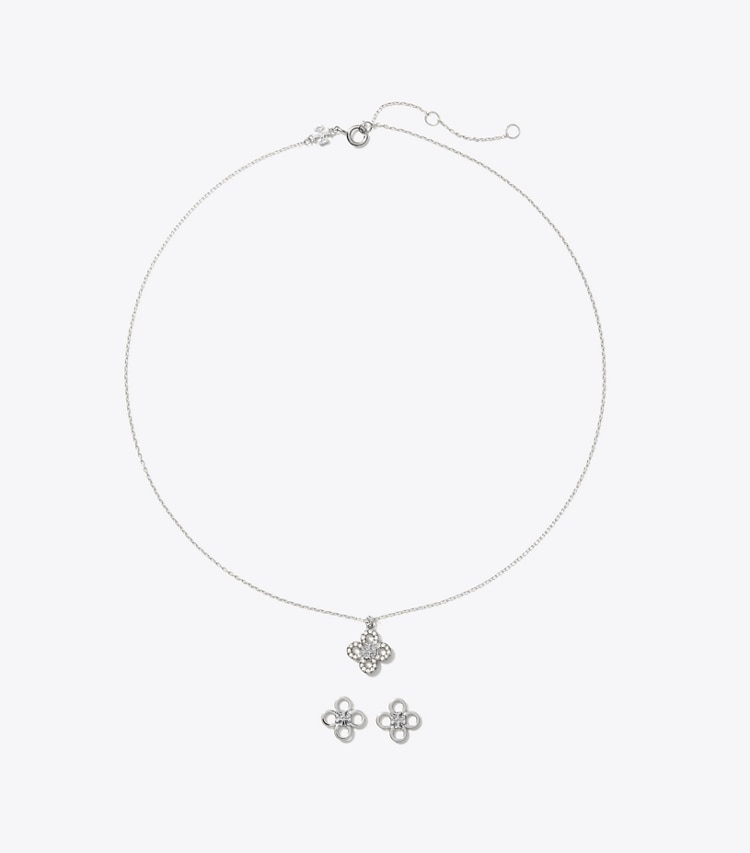 Tory Burch designer jewelry boxes Kira Clover Pavé Pendant and Stud Gift Set in Tory Silver / Crystal front main