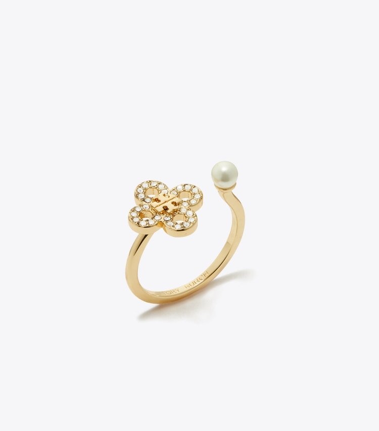 Tory Burch designer rings Kira Clover Pavé Ring in Tory Gold / Pearl / Crystal angle