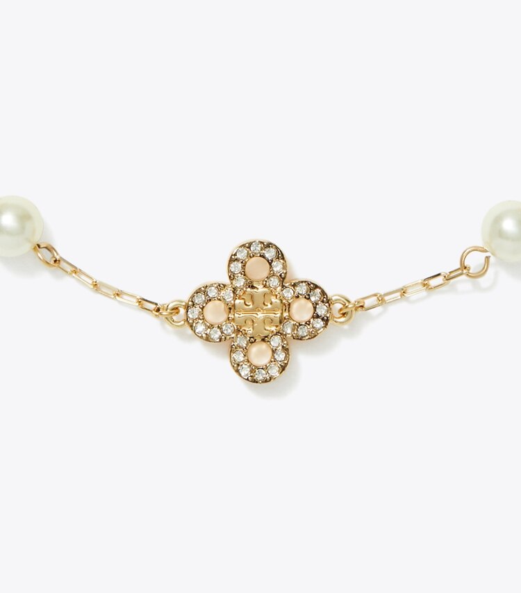 Tory Burch designer bracelets Kira Clover Pearl Bracelet in Tory Gold / Pearl / Crystal detail