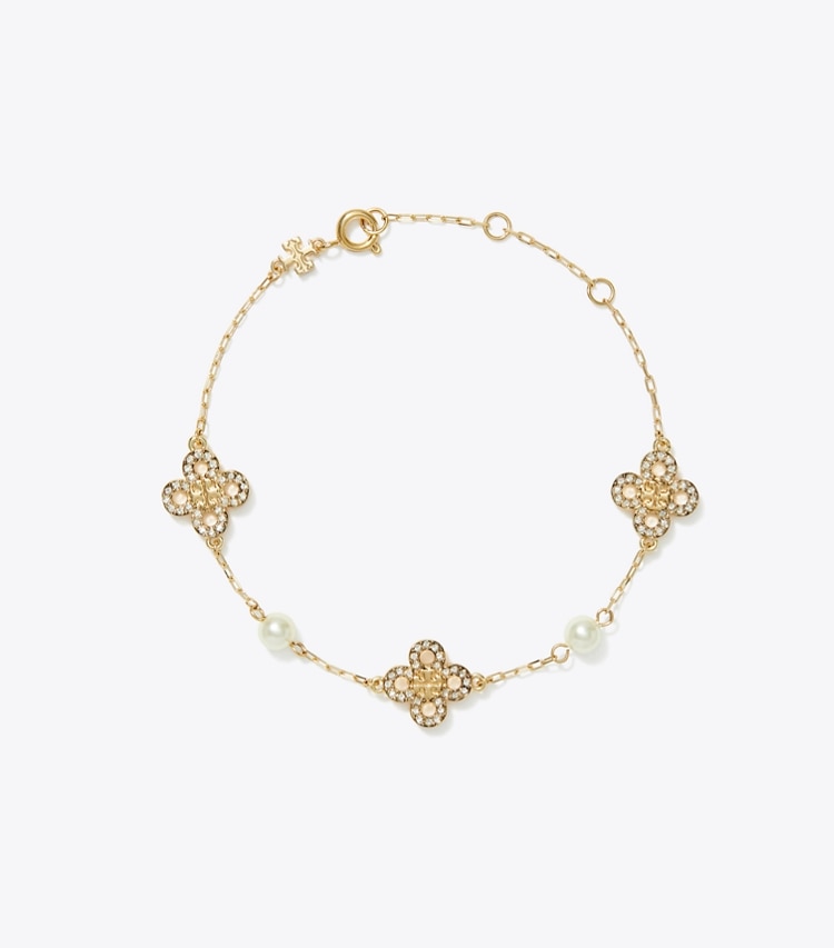 Tory Burch designer bracelets Kira Clover Pearl Bracelet in Tory Gold / Pearl / Crystal front