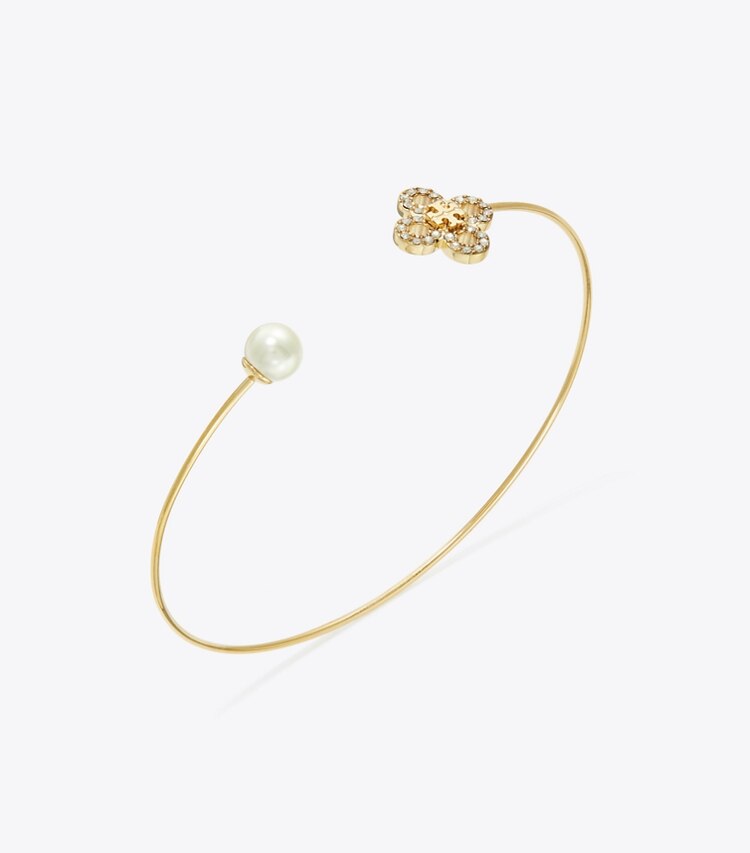 Tory Burch designer bracelets Kira Clover Pearl Cuff in Tory Gold / Pearl / Crystal detail