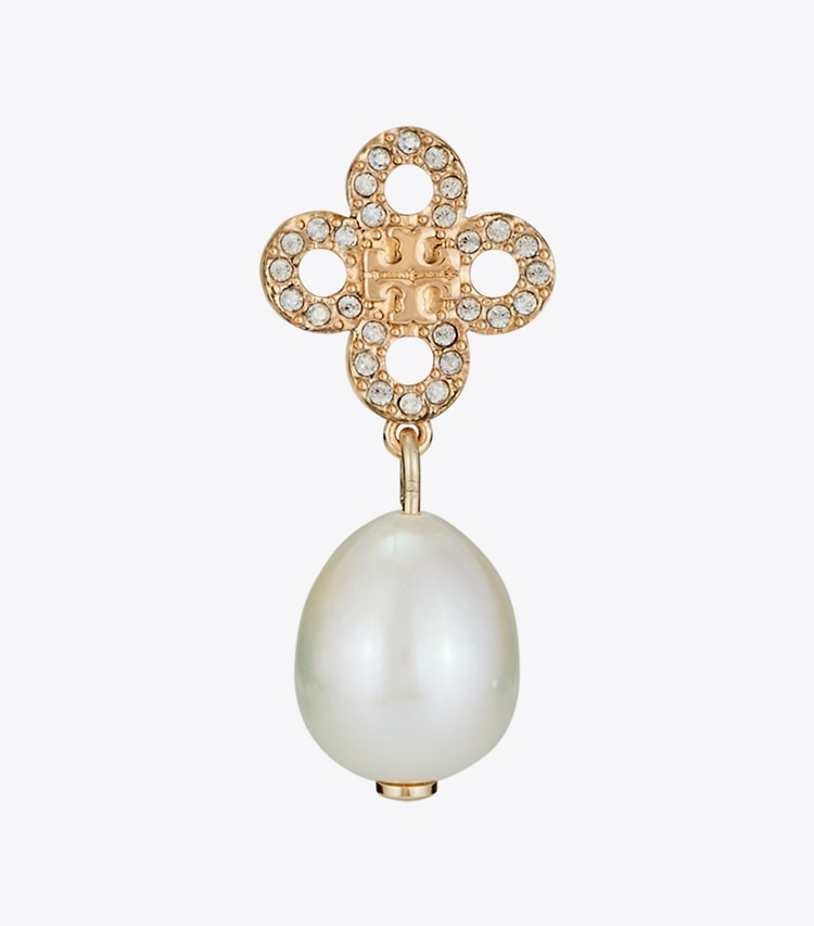 Tory Burch designer earrings Kira Clover Pearl Drop Earring in Tory Gold / Pearl / Crystal detail