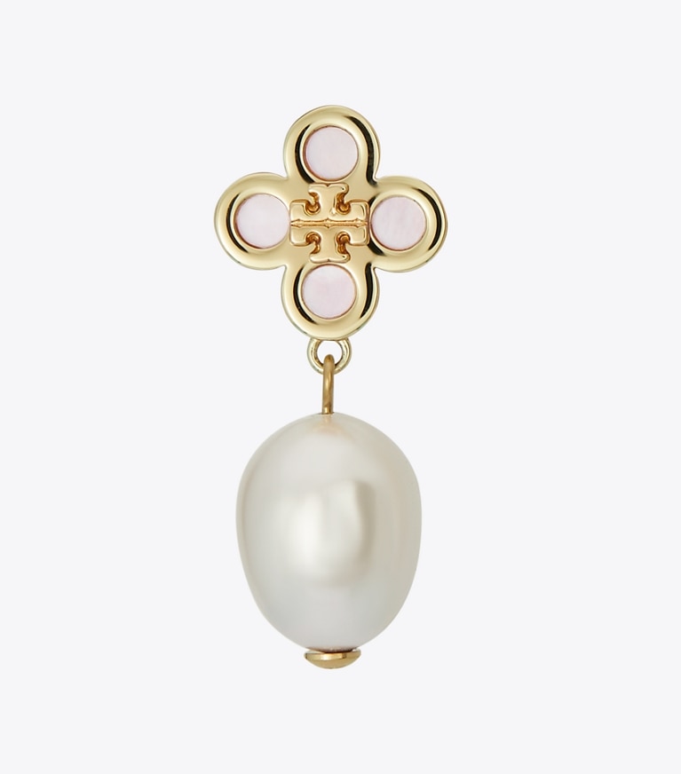 Tory Burch designer earrings Kira Clover Pearl Drop Earring in Pink / Pink front