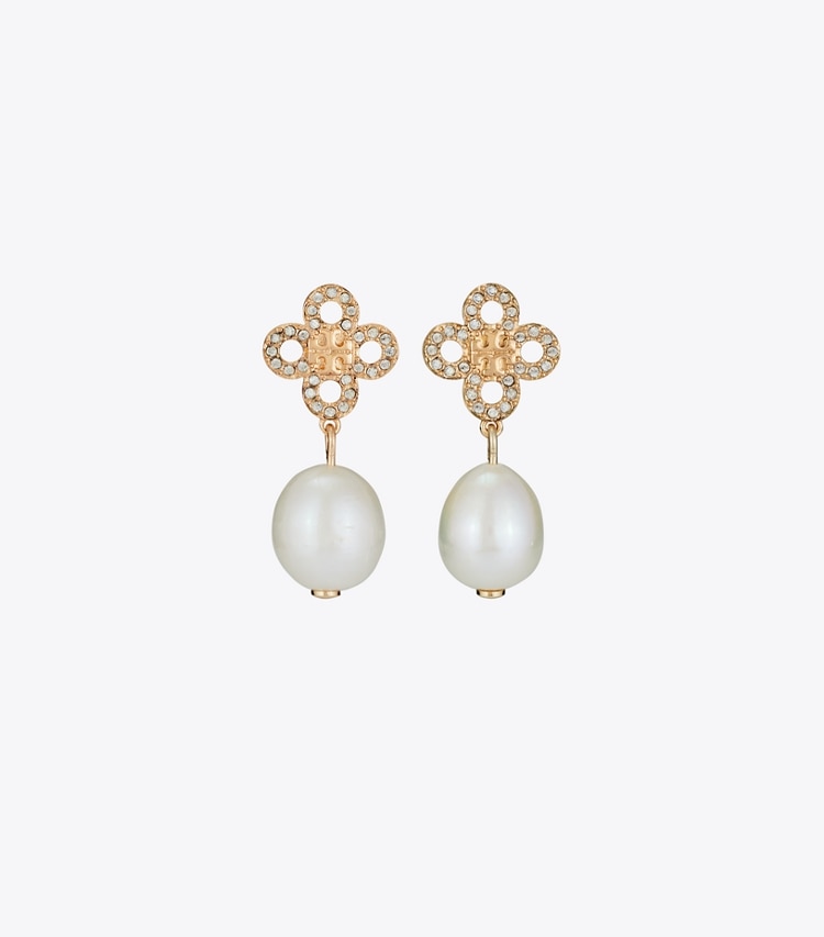 Tory Burch designer earrings Kira Clover Pearl Drop Earring in Tory Gold / Pearl / Crystal front