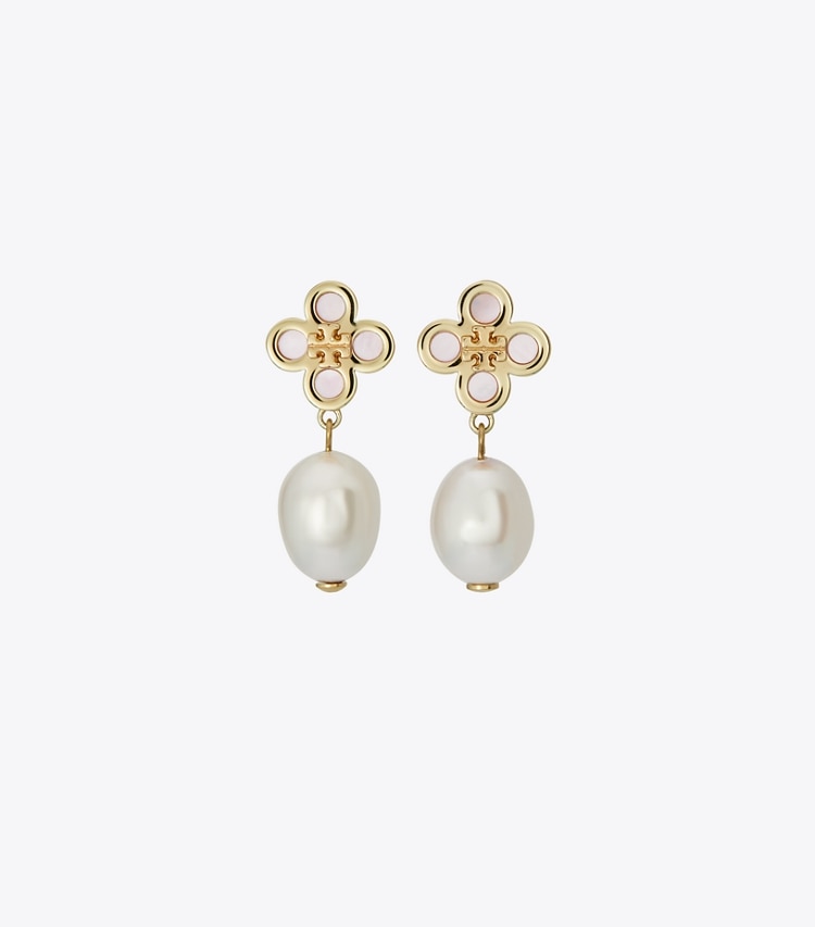 Tory Burch designer earrings Kira Clover Pearl Drop Earring in Pink / Pink front