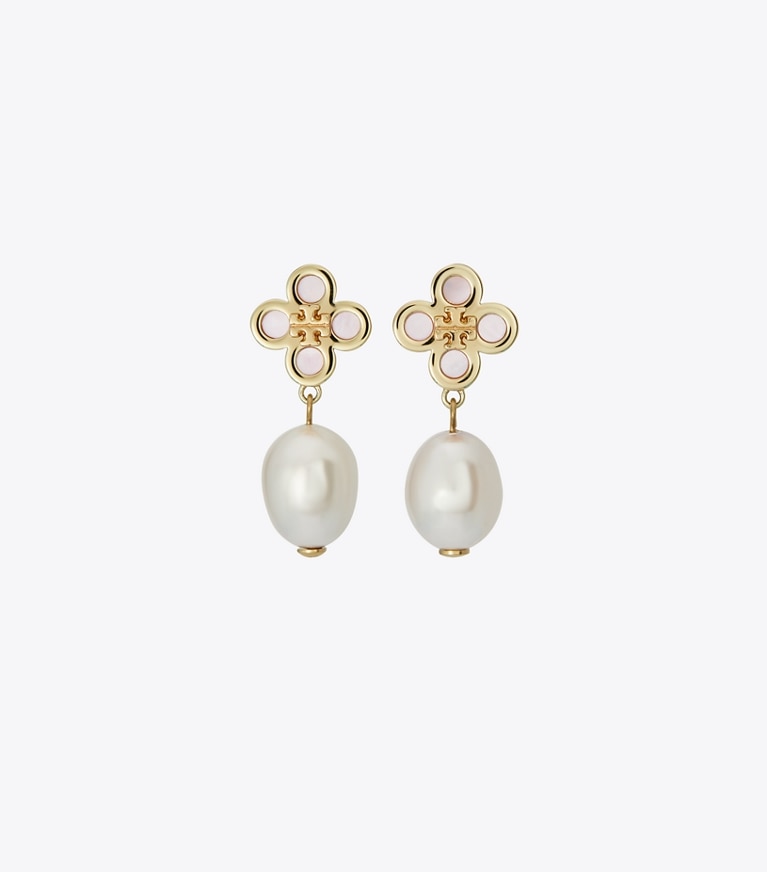 Tory Burch designer earrings Kira Clover Pearl Drop Earring in Pink / Pink front