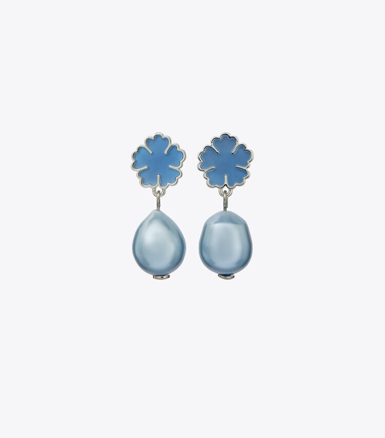 Tory Burch designer ohrringe Kira Clover Pearl Drop Earring in Tory Silver / Blue front