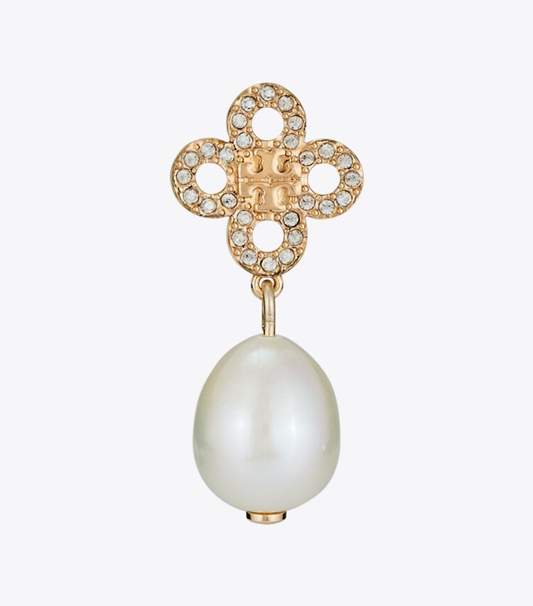 Tory Burch designer ohrringe Kira Clover Pearl Hängeohrring in Tory Gold / Pearl / Crystal detail