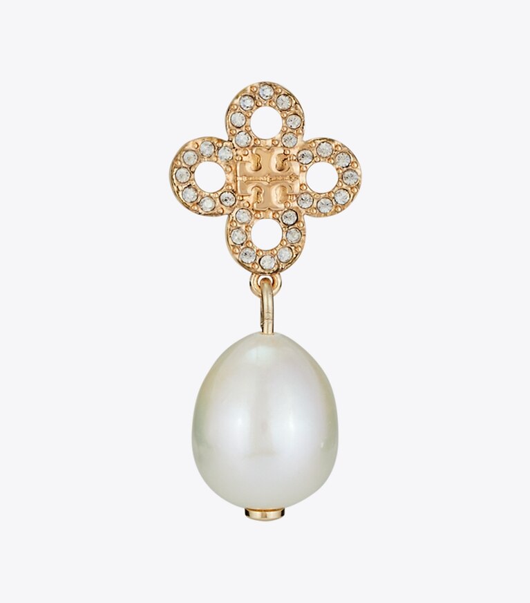 Tory Burch designer ohrringe Kira Clover Pearl Hängeohrring in Tory Gold / Pearl / Crystal front