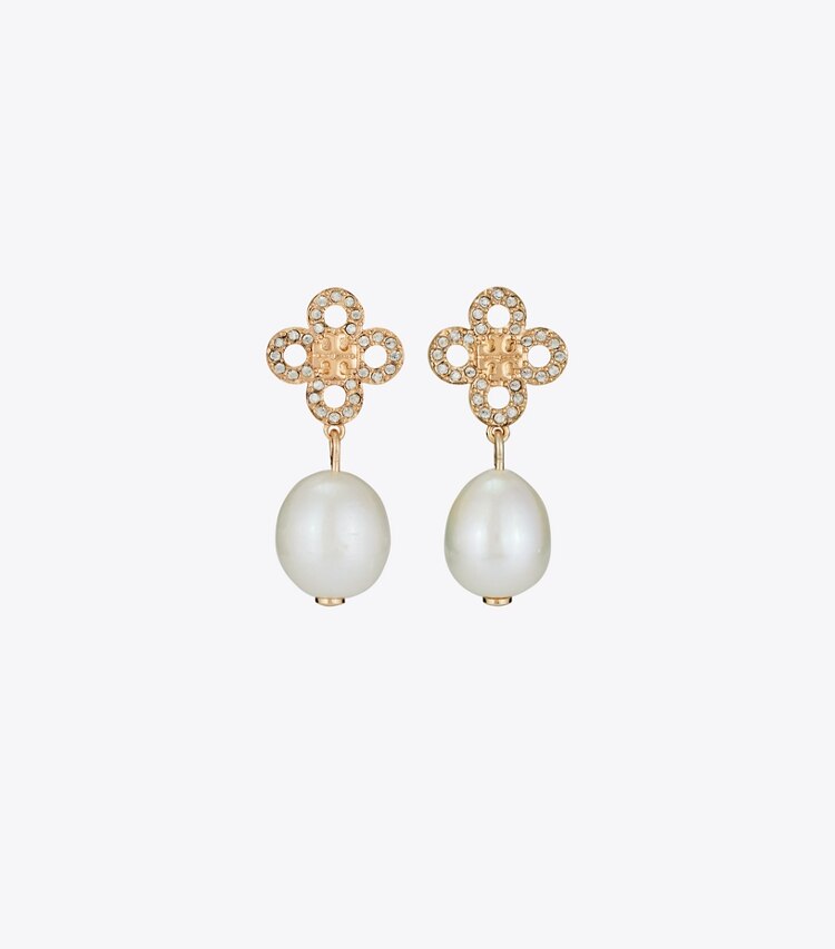 Tory Burch designer ohrringe Kira Clover Pearl Hängeohrring in Tory Gold / Pearl / Crystal front