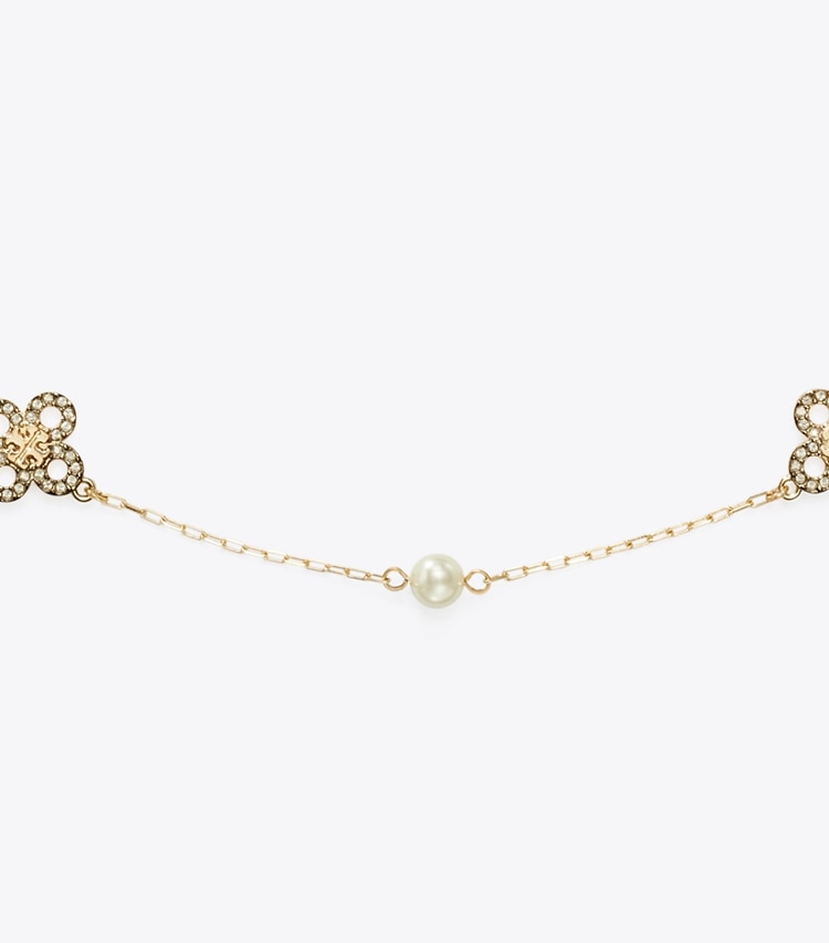 Tory Burch designer necklaces Kira Clover Pearl Necklace in Tory Gold / Pearl / Crystal detail
