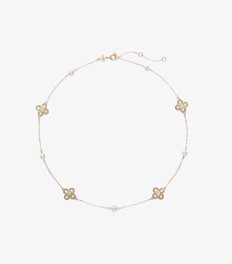 Tory Burch designer necklaces Kira Clover Pearl Necklace in Tory Gold / Pearl / Crystal front