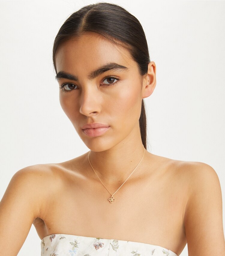 Tory Burch designer necklaces Kira Clover Pendant Necklace in Tory Gold accessory on model