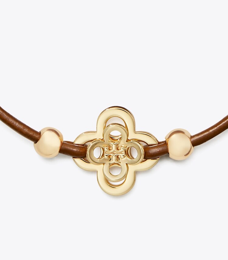Tory Burch designer bracelets Kira Clover Slider Bracelet in Tory Gold / Cuoio detail